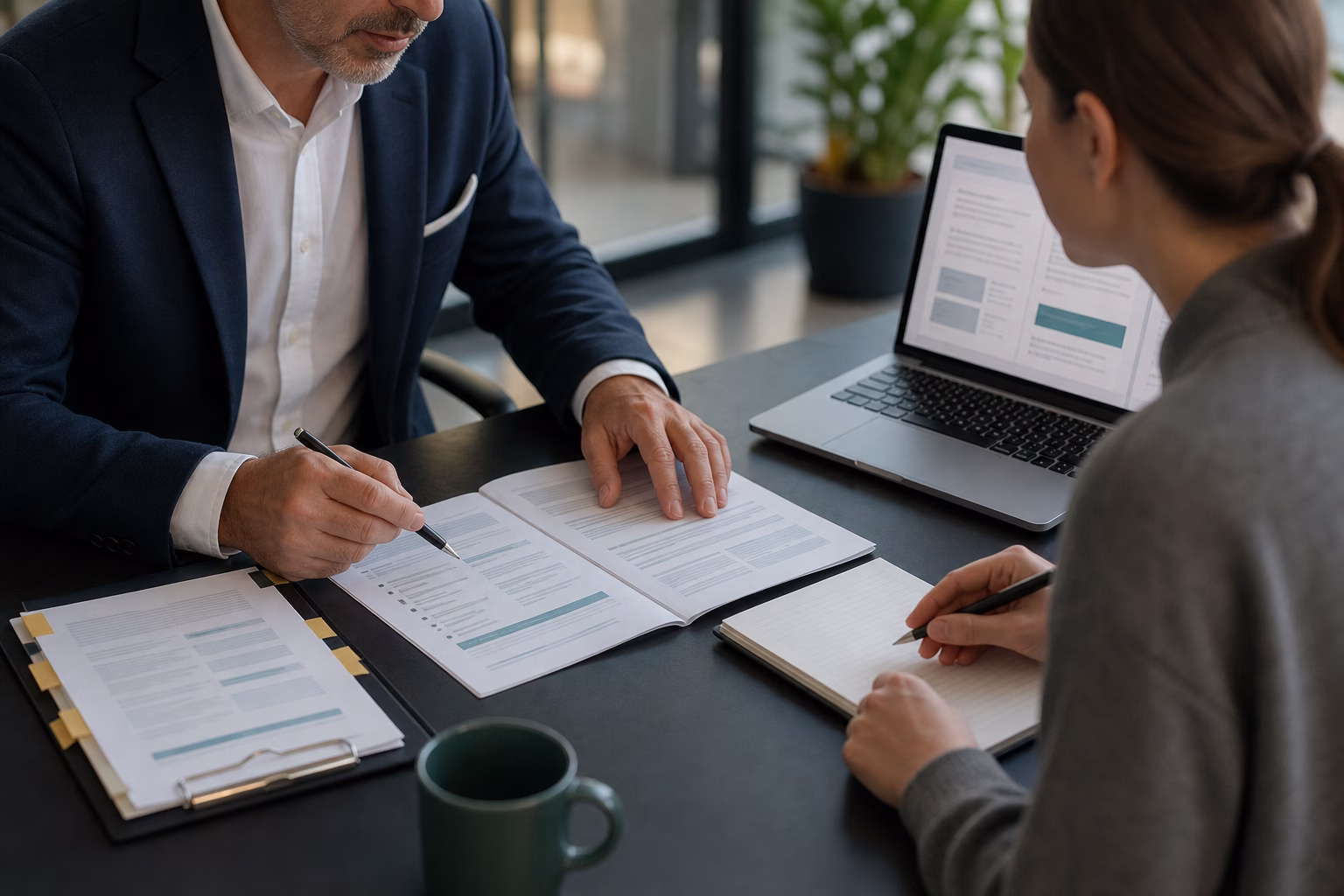 Application expert reviewing government application documents with a graduate applicant