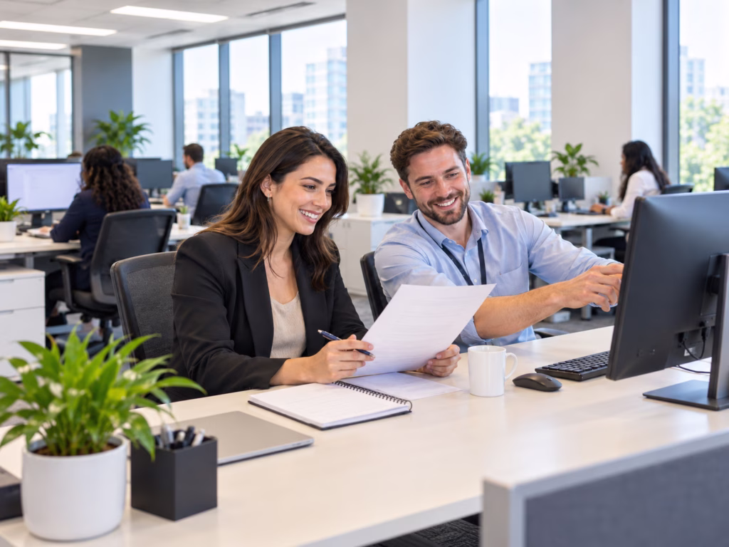Administration and business support professionals reviewing documents in an office