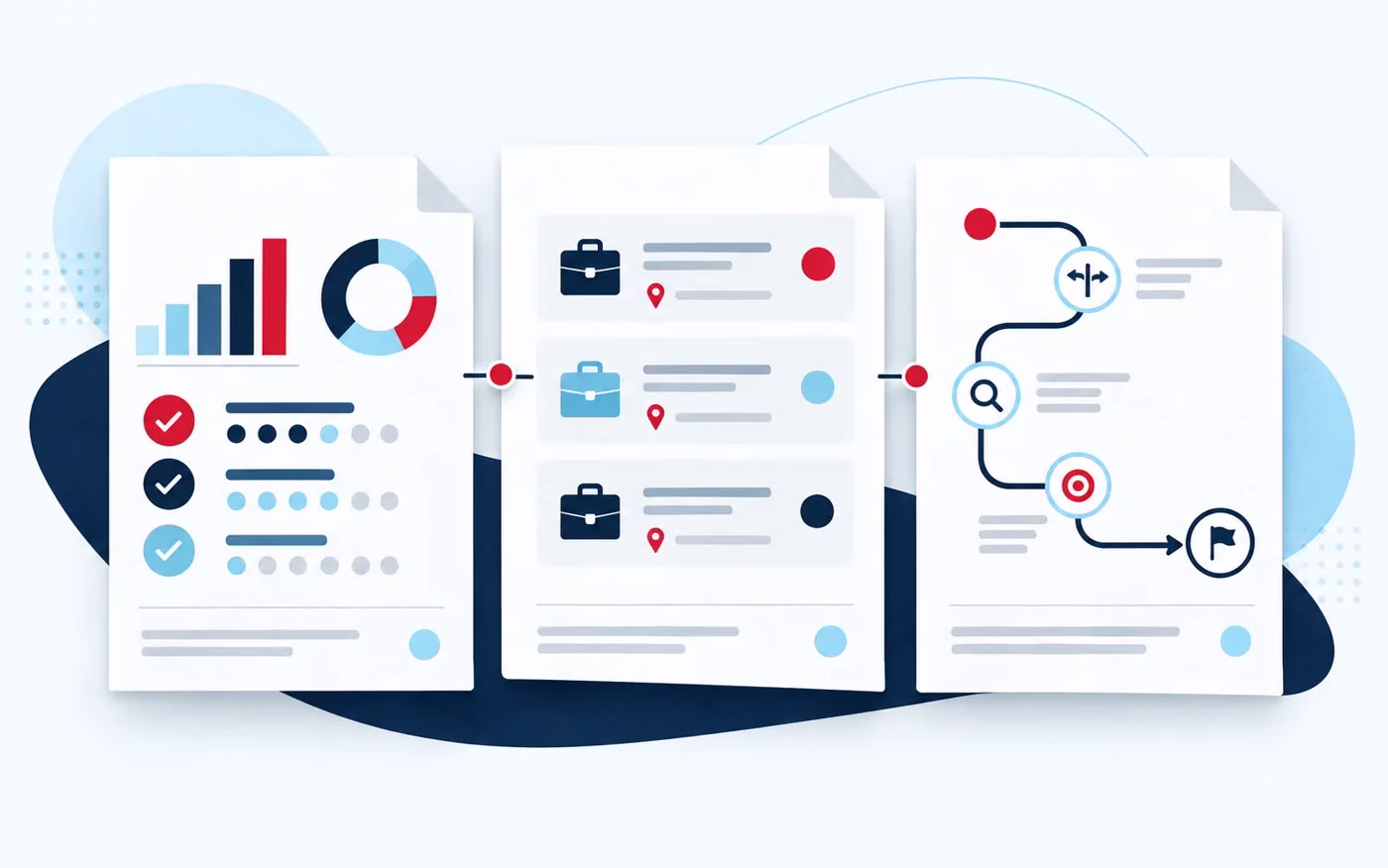 Illustration of three connected report pages representing experience assessment, live job opportunities and search direction