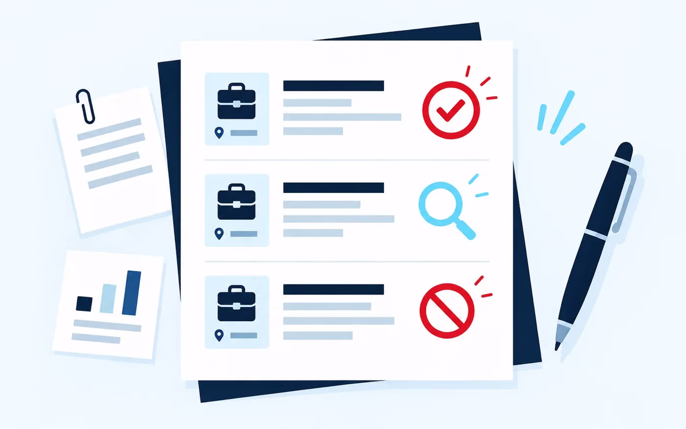 Illustration of three job opportunities marked to prioritise, investigate or skip after professional review