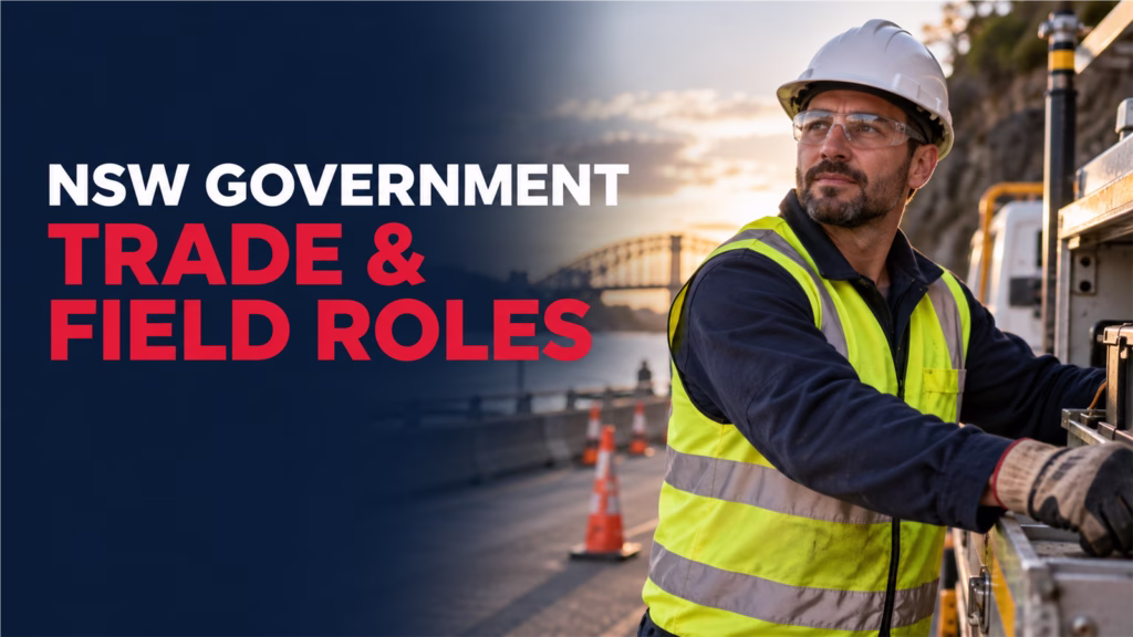 NSW Government trade and field roles shortlist banner with a worker at an infrastructure site