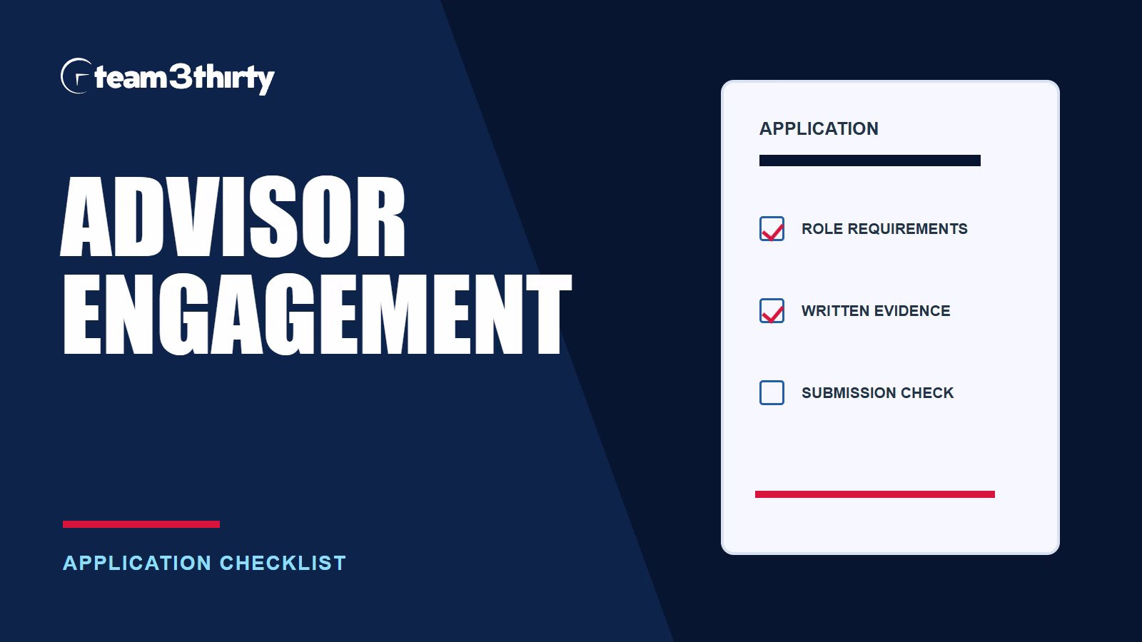 Team3Thirty application checklist for Advisor Engagement