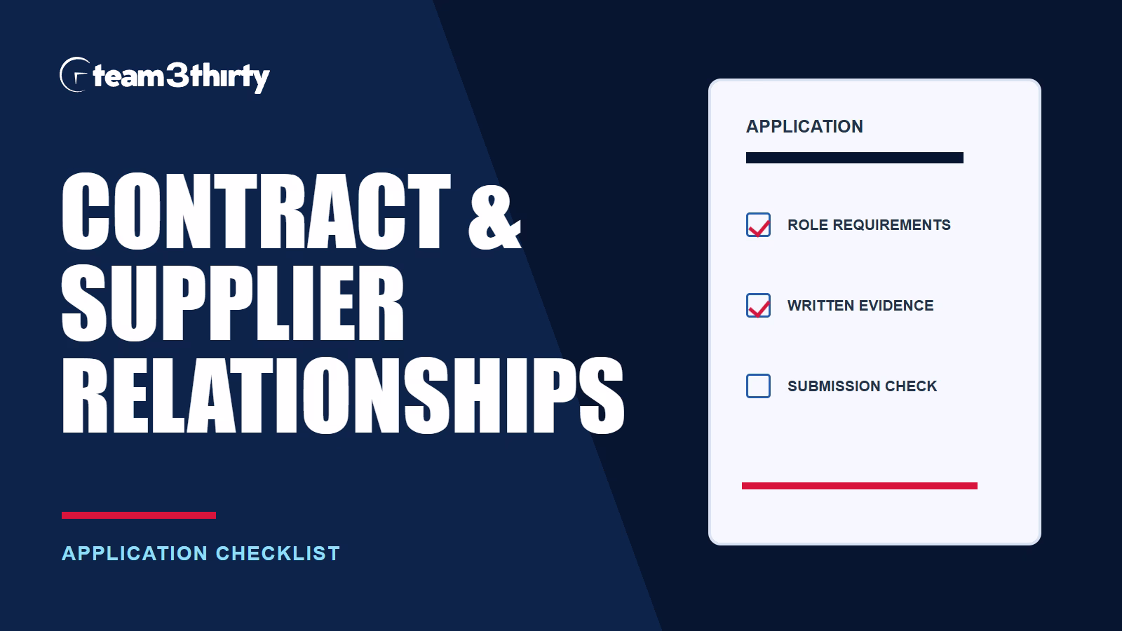 Team3Thirty application checklist for Senior Contract and Supplier Relationship Officer