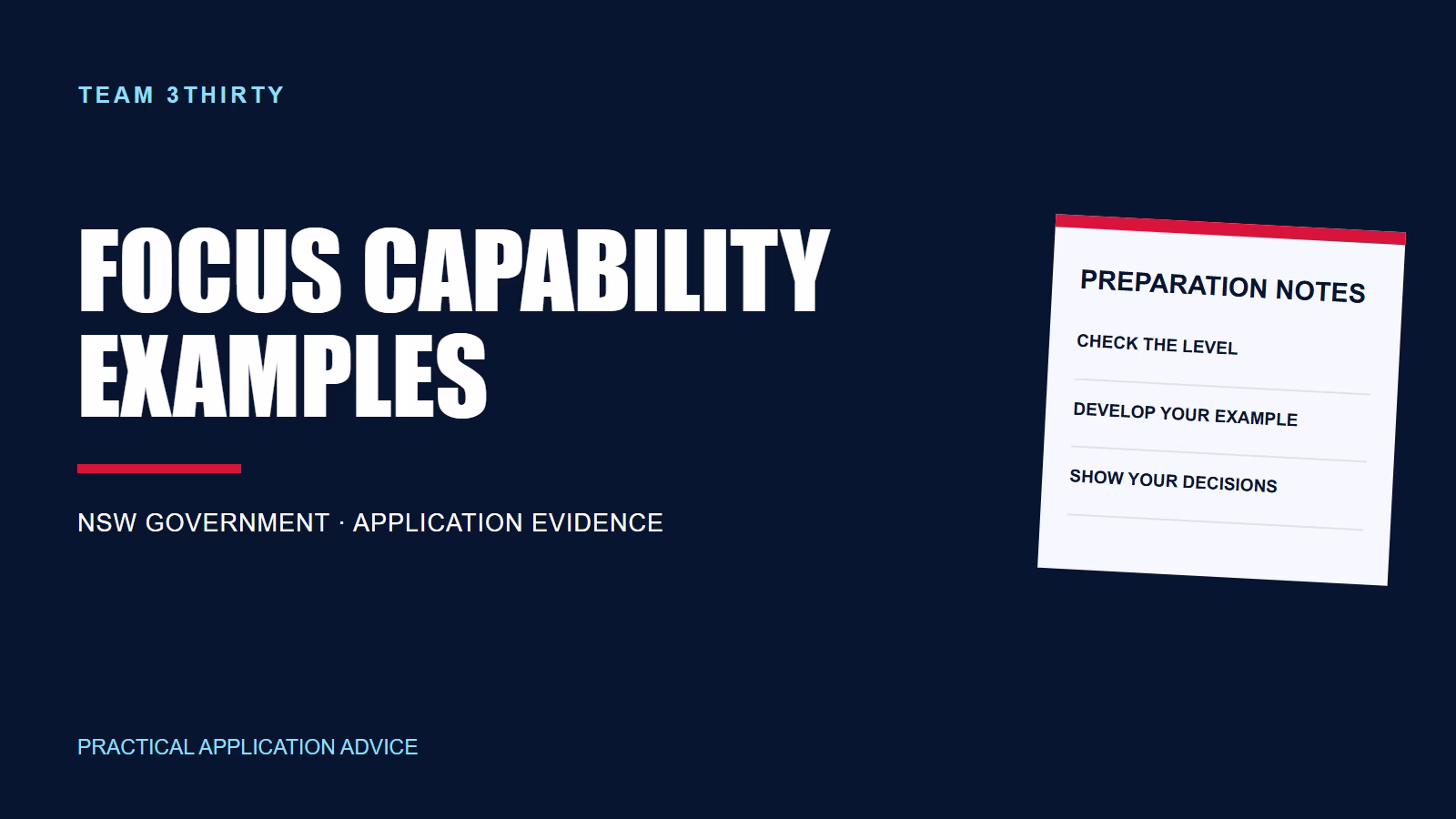 Focus capability examples for NSW Government applications, with evidence and level checks.