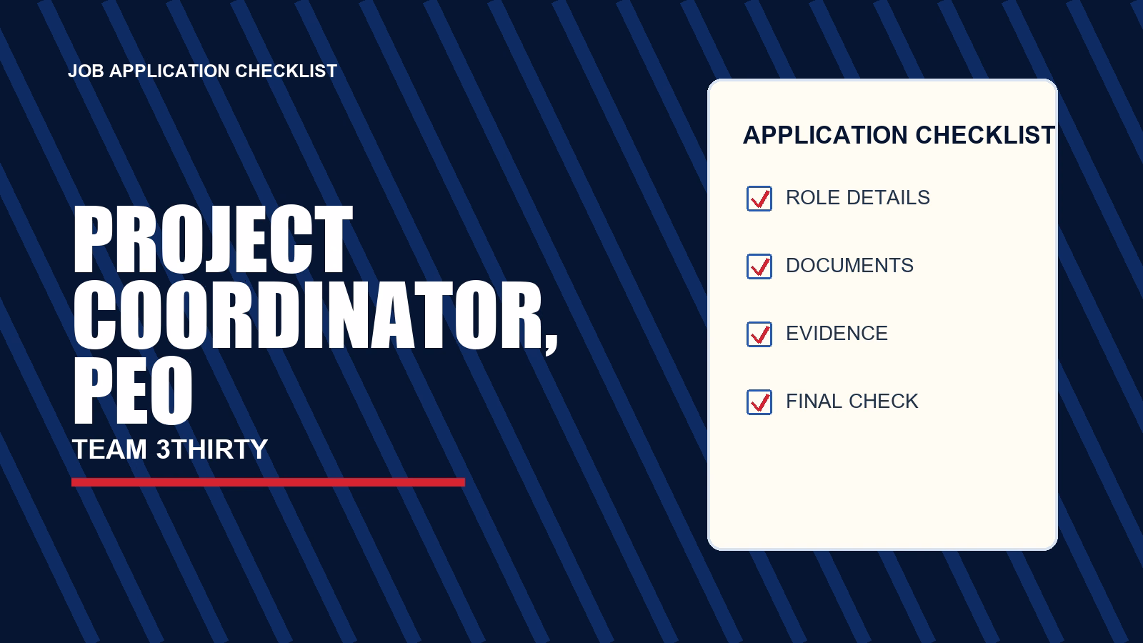 Project Coordinator, PEO application checklist, Team 3Thirty