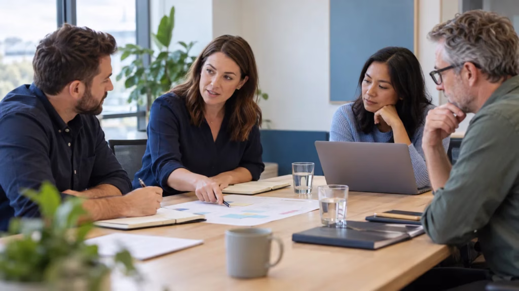 Project coordinator discussing a project plan with colleagues around a meeting table
