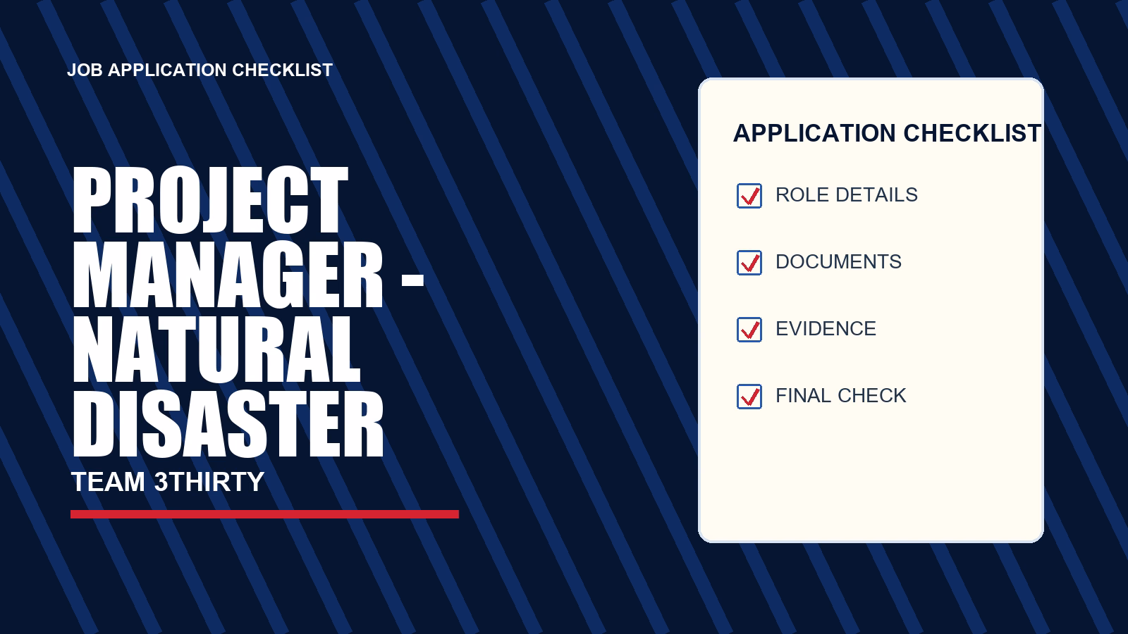 Project Manager - Natural Disaster application checklist, Team 3Thirty