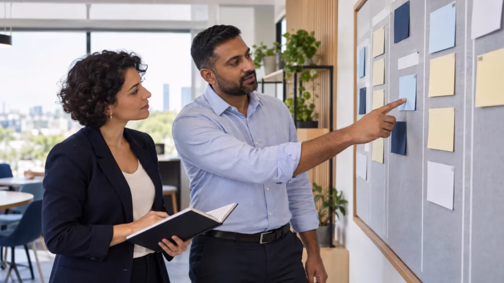 Project manager and colleague reviewing tasks on an office planning board