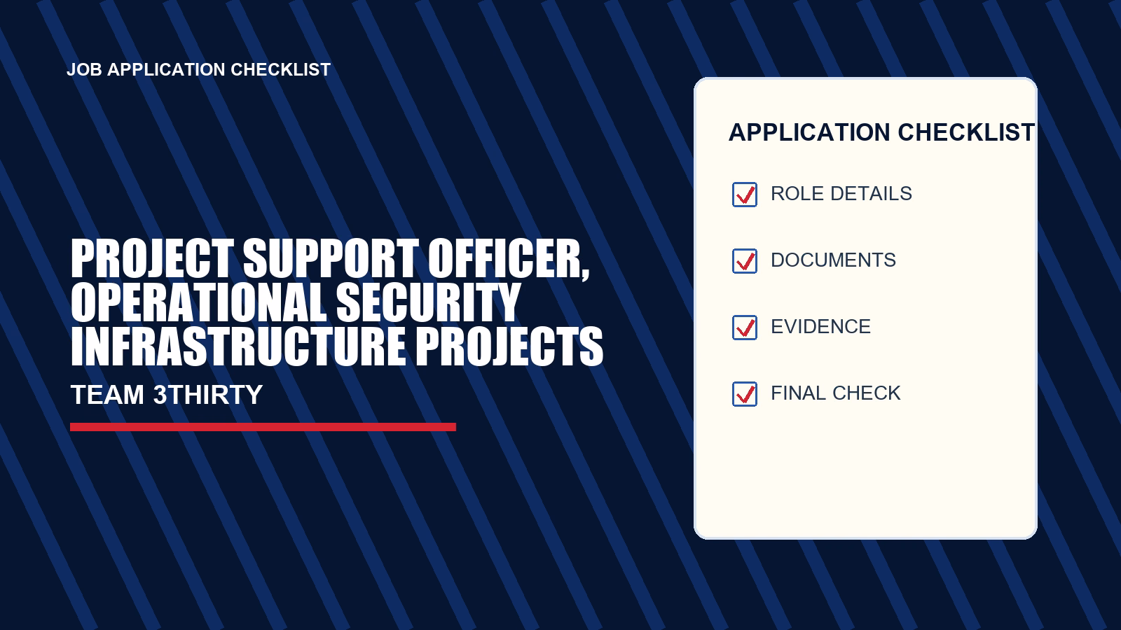 Project Support Officer, Operational Security Infrastructure Projects application checklist, Team 3Thirty