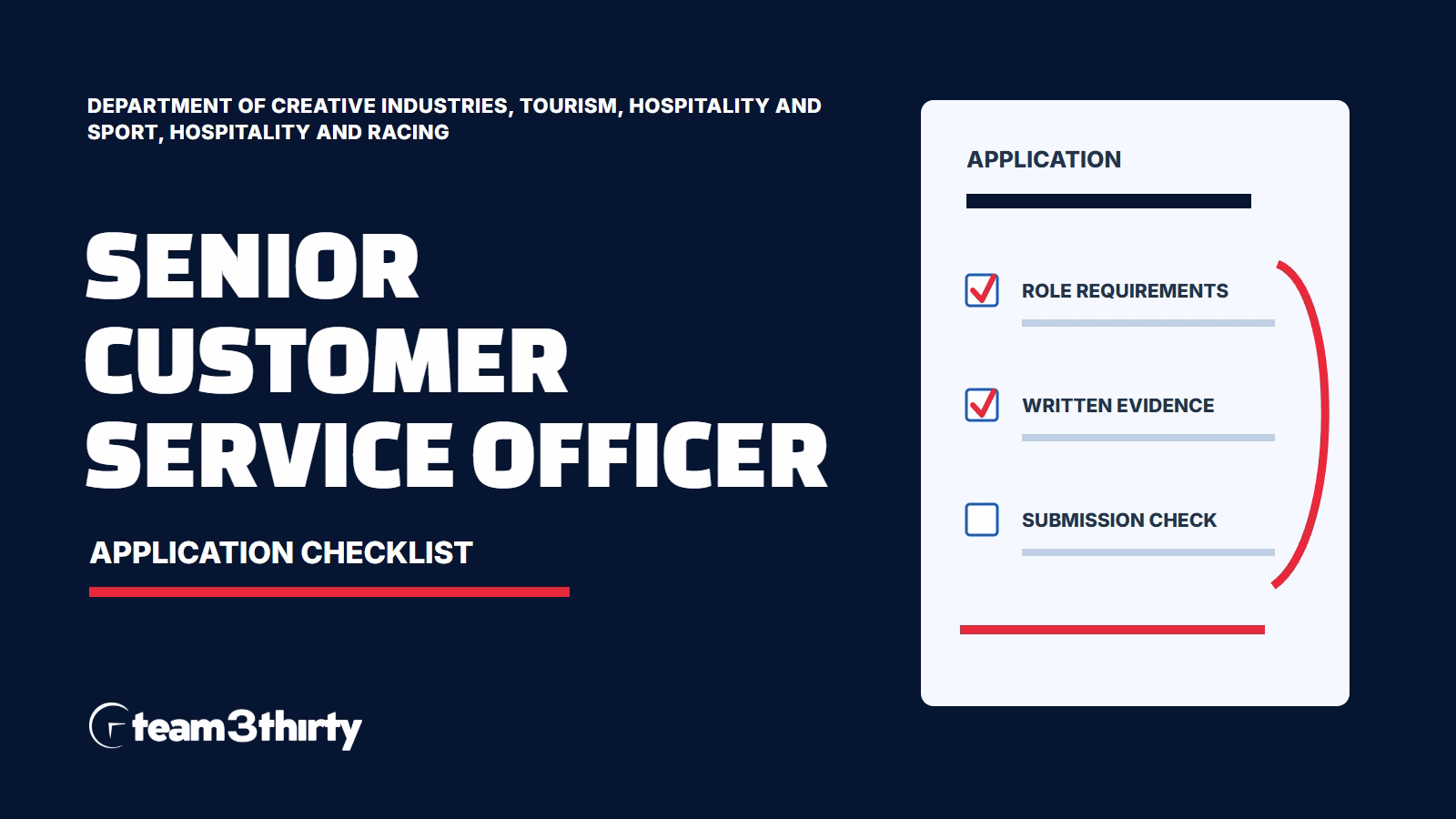 Senior Customer Service Officer application checklist - Department of Creative Industries, Tourism, Hospitality and Sport, Hospitality and Racing